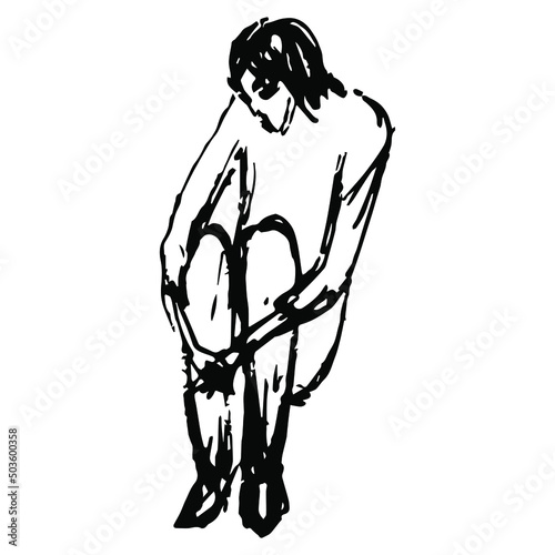 Seated sad person embracing his or her knees. Hand drawn linear doodle rough sketch. Black silhouette on white background.