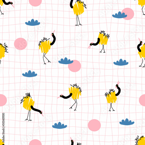 Groovy seamless pattern with cranes on grid distorted background. Hippie aesthetic print for fabric, paper, T-shirt. Doodle vector illustration for decor and design.