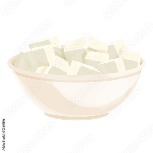Feta cheese pieces in bowl in cartoon style detailed ingredient isolated on white background. Greek curd white cheese made from sheeps milk or milk bean. 