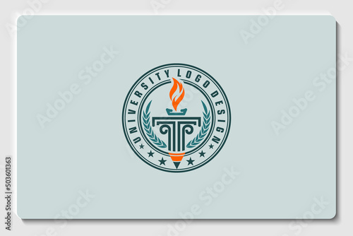emblem education logo. pillar with fire isolated circle and branch leaf