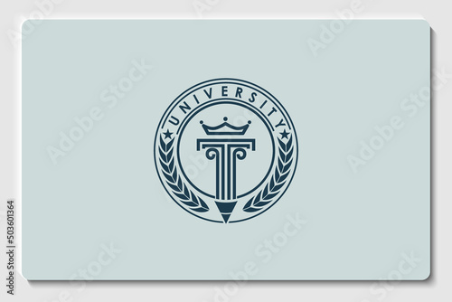 emblem education logo. pillar with fire isolated circle and branch leaf