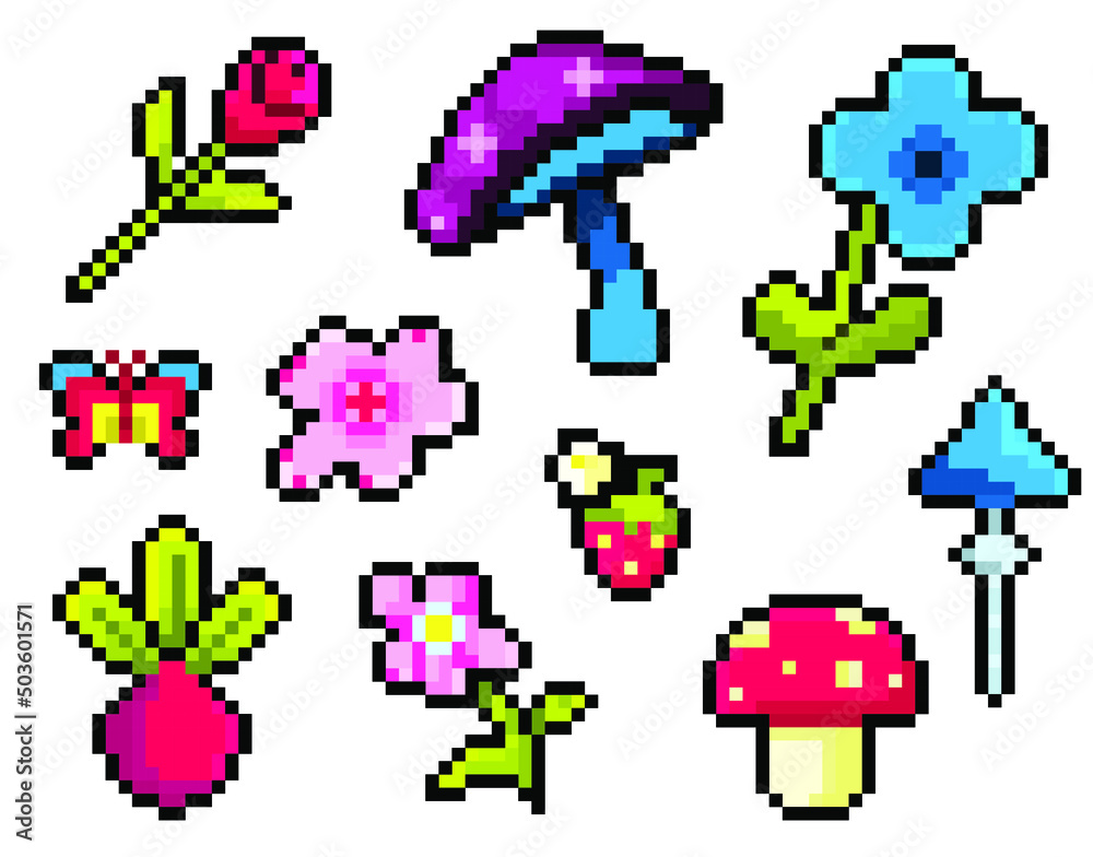 Fototapeta premium Set of pixel nature icons, mushroom, flower, butterfly