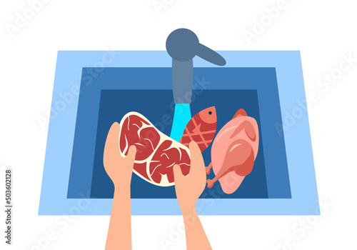 Washing meat, pork, chicken and fish in basin before cooking concept vector illustration. Housewife cleaning raw meat with a lot of water for dinner.