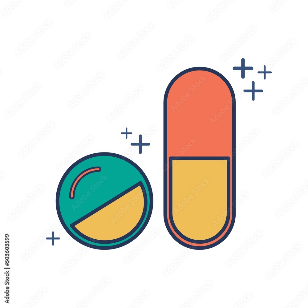Pill icon vector illustration glyph style design with color and plus sign. Isolated on white background. Pill icon vector illustration glyph style design with color and plus sign. Isolated on white background.