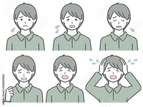 泣く表情の強弱　私服の若い男性