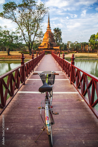 Photography Bicycle in Wat Sra Sri or Wat Sa Si in Sukhothai historical park in Thailand