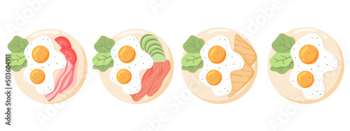 A set of fried eggs on plates. Various eggs. Different English breakfasts.Vector illustration in cartoon style. Fried eggs with bacon, fish, vegetables, toast.