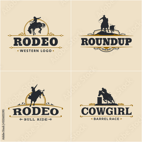 Four rodeo logos with western design elements and a silhouette cowboy bull rider, saddle bronc rider, calf roper and a cowgirl barrel racer.