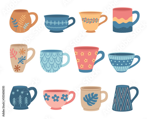 Set of various tea cups. Cute dishes different shapes and ornaments. Hand drawn color vector illustration isolated on white background. Modern flat cartoon style.