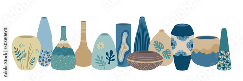 Set of various ceramic vases, abstract shapes. Clay pottery in contemporary scandinavian style for home decor. Hand drawn color vector illustration isolated on white background, flat cartoon style.