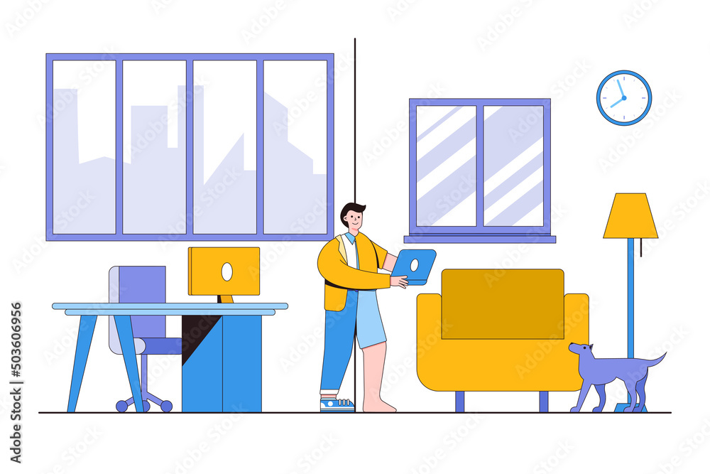 Employees can choose to work from home or in the office for the best productivity and result concepts with people characters. Businessman who works from both home and the office with a hybrid cloth - obrazy, fototapety, plakaty 