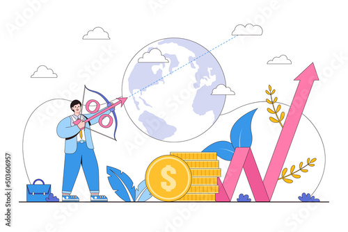 Interest rate hike owing to rising inflation, FED, federal reserve, central bank monetary policy, economics or loan idea concepts illustrations. Businessman archery percentage arrow high into the sky