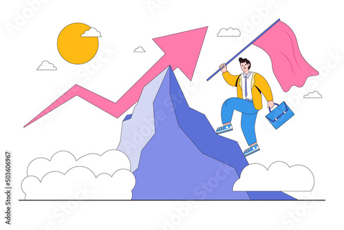 Reaching success, improving or developing a career, business tools to reach goal or target, growth and achievement concepts. Successful businessman climbing up the mountain peak and holding red flag