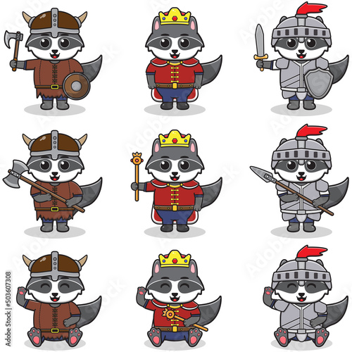 Vector illustrations of Raccoon characters in various medieval outfits. King, viking and knight costume. Vector illustration bundle