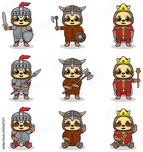 Vector illustrations of Sloth characters in various medieval outfits. King, viking and knight costume. Vector illustration bundle