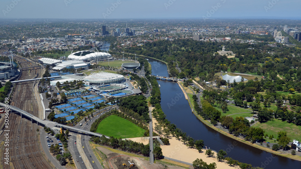 Aerial view of the Yarra River and the sporting complex of the Rod Laver Arena, Melbourne Victoria.
