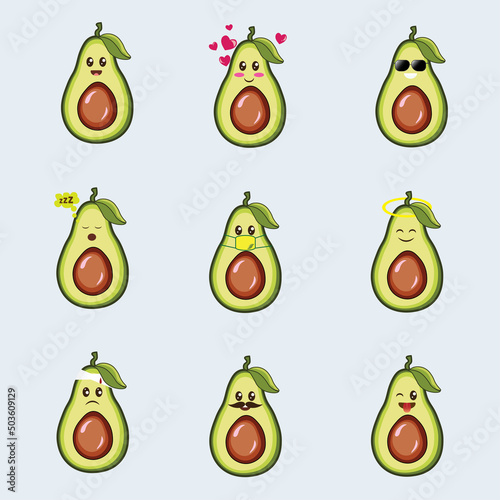 Cute avocado emoticons vector illustration. Avocado cartoon. Avocado emotional expression.