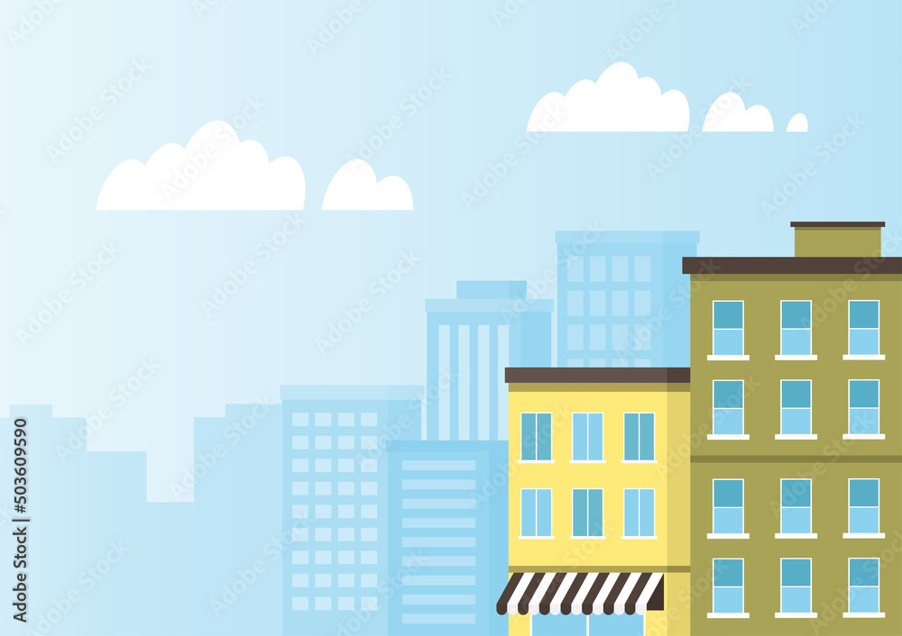 Urban landscape with yellow and green buildings. Cityscape flat design. Vector Illustration of the modern city with copy space for text.