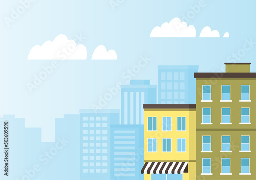 Urban landscape with yellow and green buildings. Cityscape flat design. Vector Illustration of the modern city with copy space for text.