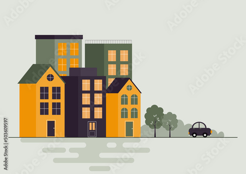 A small town with a park and lake. Urban landscape in minimal geometric flat design. Vector Illustration of the cityscape with copy space for text. 