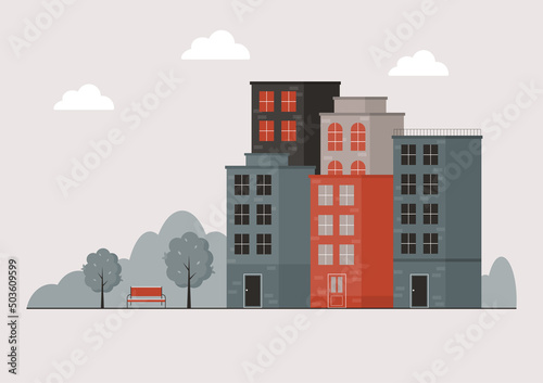 A small town with a park. Urban landscape in minimal geometric flat design. Vector Illustration of the cityscape with copy space for text. 