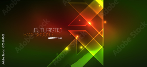 Background neon glowing lines and geometric shapes. Lights in the dark wallpaper for concept of AI technology, blockchain, digital, communication, 5G, science