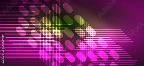 Background neon glowing lines and geometric shapes. Lights in the dark wallpaper for concept of AI technology, blockchain, digital, communication, 5G, science