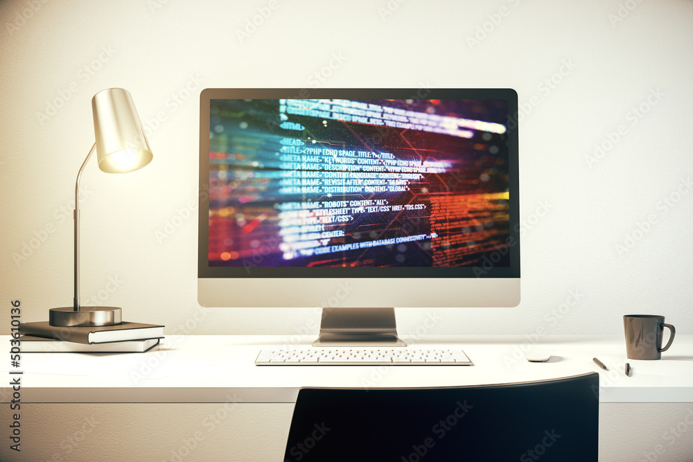 Modern computer display with abstract software development hologram, research and analytics concept. 3D Rendering Modern computer display with abstract software development hologram, research and analytics concept. 3D Rendering