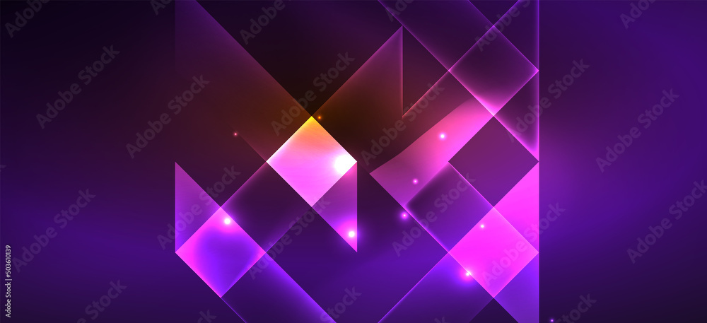 Background neon glowing lines and geometric shapes. Lights in the dark wallpaper for concept of AI technology, blockchain, digital, communication, 5G, science Background neon glowing lines and geometric shapes. Lights in the dark wallpaper for concept of AI technology, blockchain, digital, communication, 5G, science