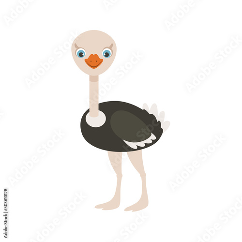 Cartoon cute ostrich. Simple vector children's illustration of African bird. Funny character.