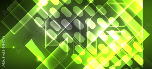 Background neon glowing lines and geometric shapes. Lights in the dark wallpaper for concept of AI technology, blockchain, digital, communication, 5G, science