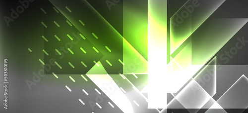 Background neon glowing lines and geometric shapes. Lights in the dark wallpaper for concept of AI technology, blockchain, digital, communication, 5G, science