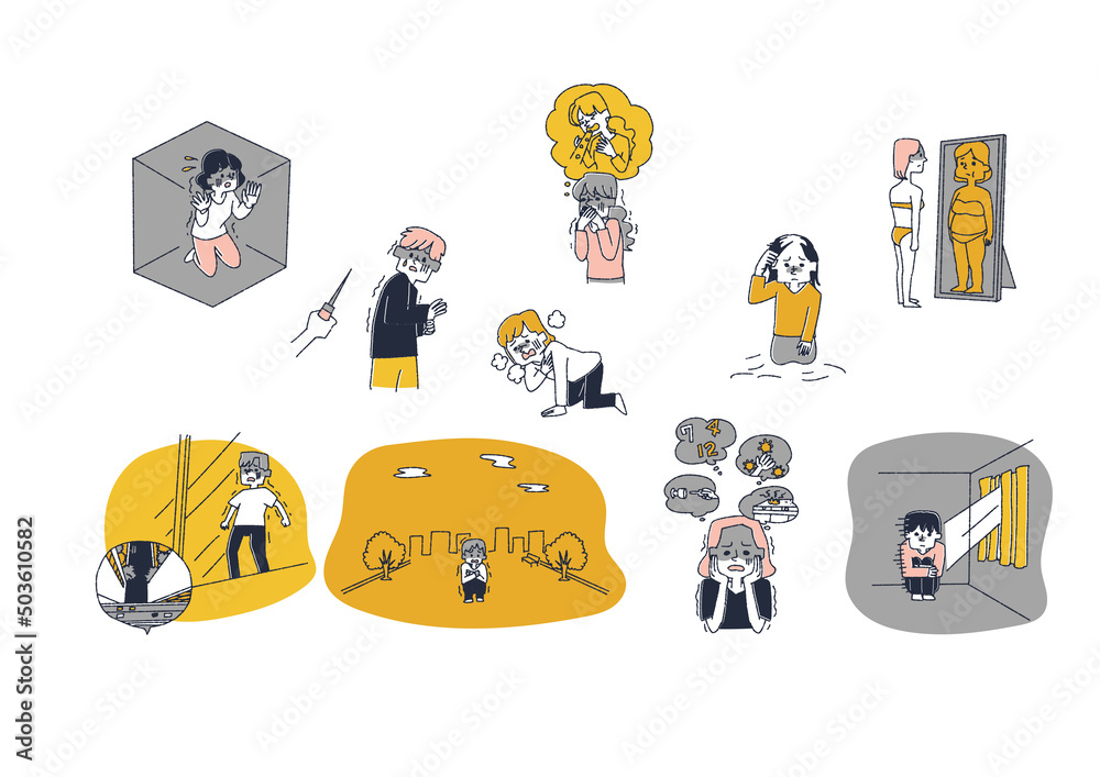 さまざまな心の病気、症状を抱える人々のセット 温かみのある手書きの人物イラスト Векторный объект Stock | Adobe ...