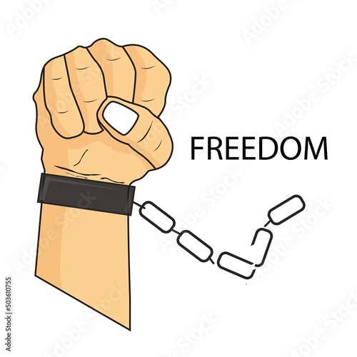 Hands clenched with torn chains or shackles. Symbol of revolution and freedom. The concept of freedom. for poster design