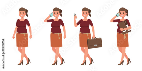 Set of working woman wear red shirts color character vector design. Presentation in various action. People working in office planning, thinking and economic analysis.
