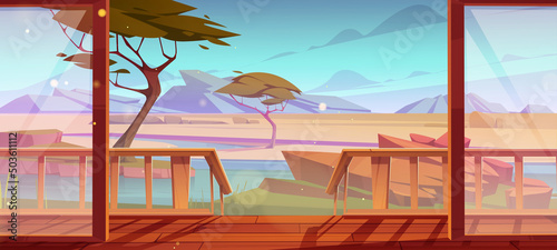 Wooden terrace with view on savanna landscape. Home veranda with wood floor, porch and fence at nature background with rocks, trees and lake in oasis. Resort area for relax Cartoon vector illustration