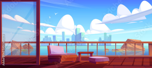 City skyline view from wooden terrace, outdoor home veranda or cafe patio with couch and table. Cityscape background with modern architecture skyscrapers at waterfront bay, Cartoon vector illustration