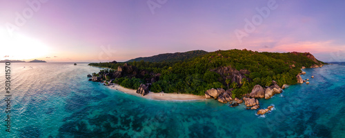 Anse Source d'Argent beach, La Digue Island, Seyshelles, Drone aerial view of La Digue Seychelles bird eye view.of tropical Island photo