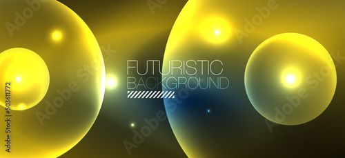 Shiny neon geometric abstract background. Glowing lights on round shapes, triangles and circles. Wallpaper for concept of AI technology, blockchain, communication, 5G, science, business