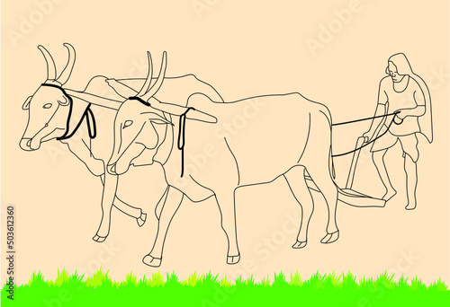 Outline of a farmer with a plough and oxen
