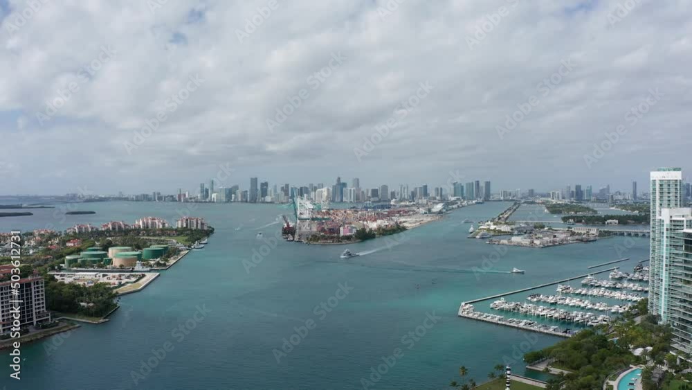 Super wide aerial push-in shot of the downtown Miami skyline. 4K Super wide aerial push-in shot of the downtown Miami skyline. 4K