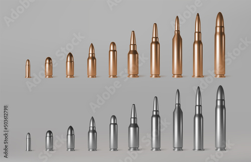 Bullets of different calibers stand in row. Copper, gold or silver colored shots, military handgun ammo weapon metal gunshots isolated on background, realistic 3d vector set