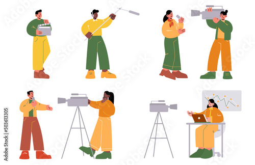 Tv professional workers, journalists, cameraman and presenters. Vector flat illustration of television and media industry, live news broadcasting, interview and video report