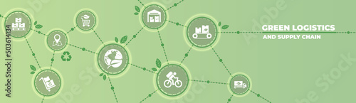 green logistics and supply chain vector illustration. Concept with connected icons related to sustainable transport