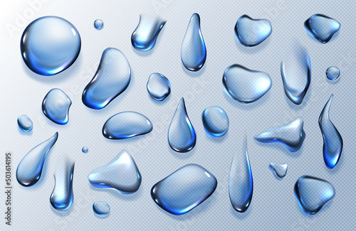 Clear water drops, dew or dripping rain droplets isolated on transparent background. Vector realistic set of pure aqua liquid flows, condensation on cool surface