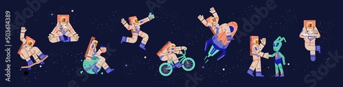 Horizontal banner with astronauts and space aliens, flat vector illustration.