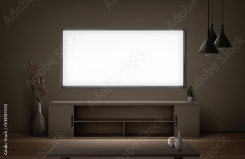 Wide lcd tv screen hanging on wall in living room at night. Modern house interior with flat plasma television set, stand and table. Vector realistic illustration of blank glowing screen in dark room