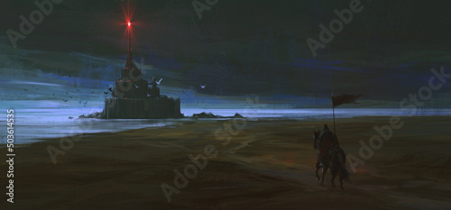 The fallen knight returns to the dark castle, 3D illustration.