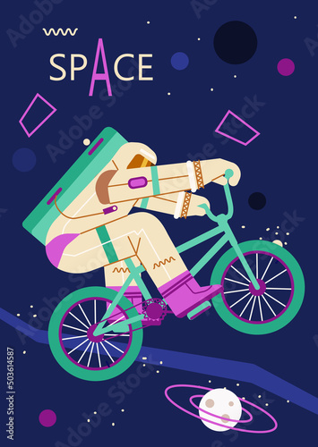 Astronaut riding bicycle in outer space  flat vector illustration isolated on white background.