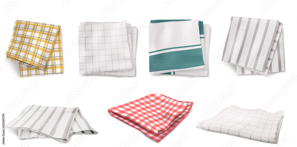Folded napkins, kitchen towels or tablecloths in top and angle view. Vector realistic set of 3d fabric table clothes with gingham, plaid, striped and tartan pattern - obrazy, fototapety, plakaty 